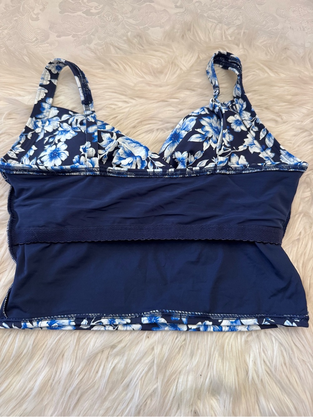Lands’ End Sweetheart Wrap Midkini Swimsuit Top Size 10 Blue White Floral Crop - Picture 9 of 9
